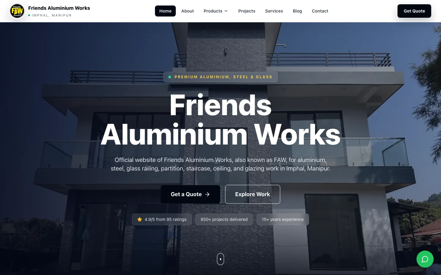 Current Friends Aluminium Works homepage captured from the public deployment